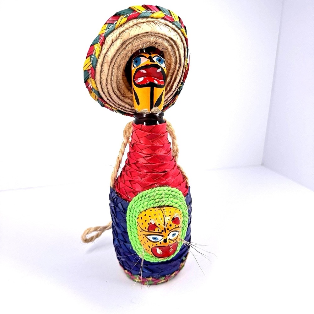 Mexican Jaguar Mezcal Tequila‎ Bottle Cover Palm Straw Folk Art Sombrero